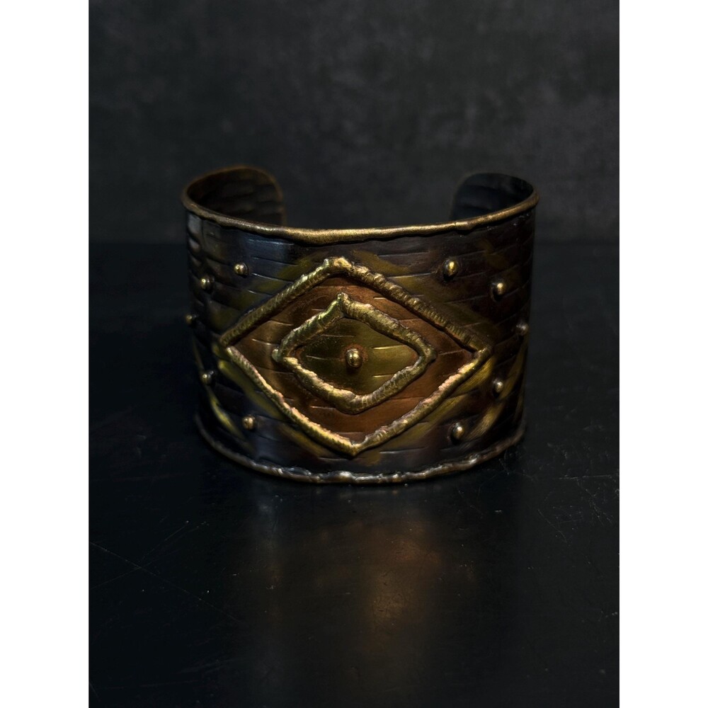 Wide Mixed Tone Cuff Bracelet Raised Geometric Diamond Rustic Boho